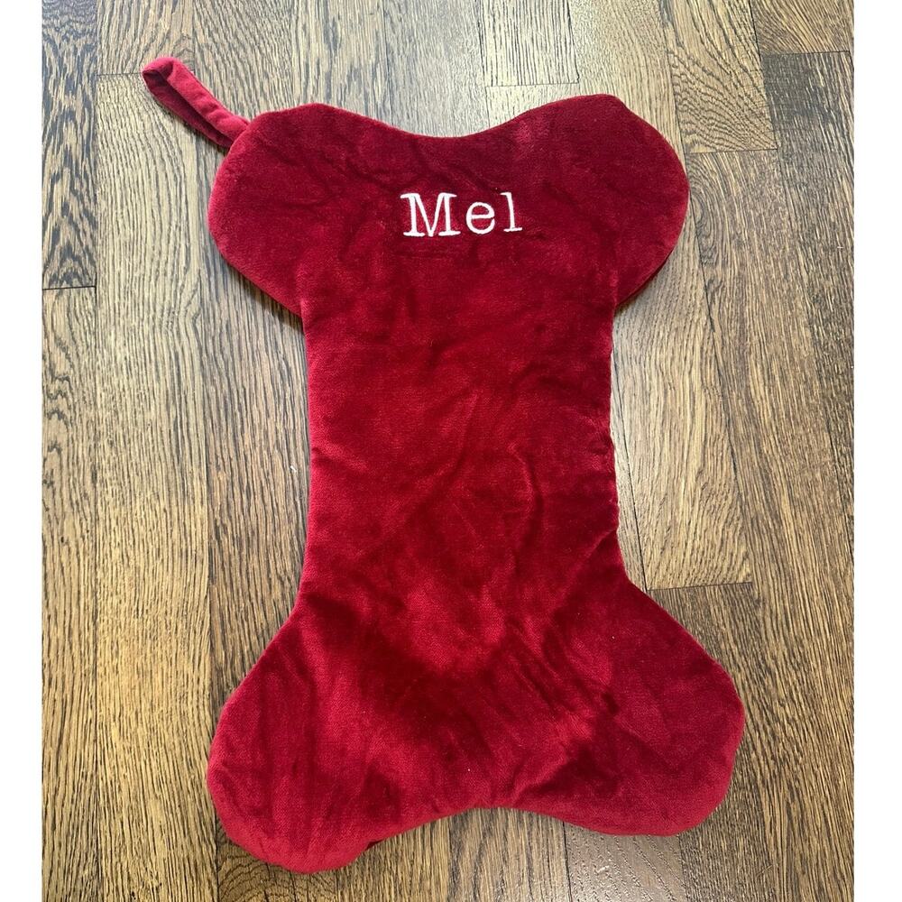 Pottery Barn Red Velvet Pet Dog Stocking Bone Shaped Embroidered “Mel”